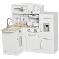 Bucatarie Jucarie HOMCOM din lemn cu 14 Accesorii, Varsta 3+ Ani, 86x64x84.5cm, Alb si Argintiu | Aosom RO