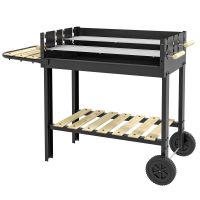Outsunny Gratar Barbecue Carucior cu Carbune cu Grilaj Dublu Reglabil, Masa Laterala, Raft de Depozitare si Roti, pentru Gatit in Aer Liber