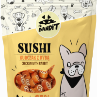 Recompense pentru caini Mr. Bandit SUSHI, pui si peste, 80g