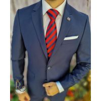 Cravata cu batista, nuanta rosu si bleumarin in dungi - CV532