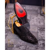 Pantofi cu siret barbatesti, negri din piele naturala, cu strasuri- P1726