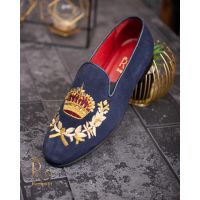 Loafers de barbati, bleumarin, piele intoarsa, broderie aurie- P1770