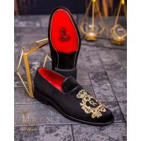 Loafers de barbati, negri, catifea, broderie aurie- P1771