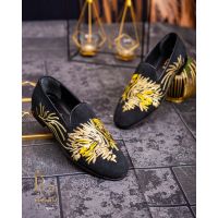 Loafers de barbati, negri, piele intoarsa, broderie aurie- P1769