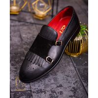 Loafers de barbati, piele naturala,negri, cu 2 catarame - P1776