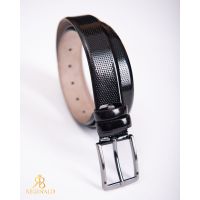 Curea din piele neagra lacuita cu model, catarama metalica- CP440