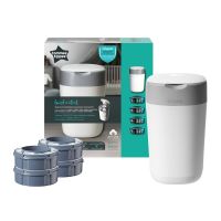 Pachet Cos pentru scutece + 4 Rezerve Tommee Tippee Sangenic Twist and Click Reciclabil, Alb / Gri