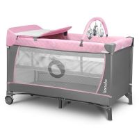 Patut pliant, Lionelo, Flower, Cu doua nivele, Cu arcada, Geanta transport, Masuta de infasat, Bara cu jucarii, Fereastra laterala, 120x60 cm, Conform cu standardele europeane de securitate EN 716 si EN12221, Roz