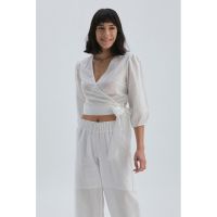 Bluza crop din amestec de in cu croiala petrecuta