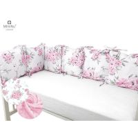 Aparatoare pentru patut, MimiNu, Cu 6 pernute, Cu fermoar, Cu husa lavabila, Pentru patut 120X60 cm, Din bumbac si tesatura pufoasa Minky, Materiale certificate Oeko Tex Standard 100, Minky Peonie Pink