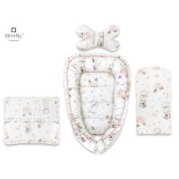 Set 4 in 1 Cosulet bebelus, MimiNu, Baby Cocoon 75x55 cm, Cu volanase, Husa bumbac, Din bumbac certificat Oeko Tex Standard 100, Cu paturica cu volanase 50x70 cm, Cu salteluta, Cu perna fluture, Design, Powdery Pink Ballerina
