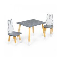 Set de masa cu alfabet si doua scaune in forma de iepuras pentru copii Ecotoys WH141 - Gri si natur