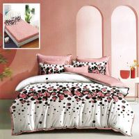 Lenjerie de pat finet 6 piese, cearceaf pat cu elastic, cearceaf pilota 200x230, 2 fete perna 50x70, 2 fete perna 70x70, Extra, Model Flori piersic