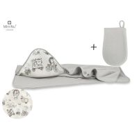 Set prosop mare cu gluga, MimiNu, Dimensiune 100x100 cm + Manusa de baie bebelusi, 12x21 cm, Materiale certificate Oeko Tex Standard 100, Design, Zoo on Bikes Beige