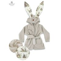 Halat de baie, MimiNu, Cu urechi, 2 - 5 ani, Moale, Cu buzunare, Cu cordon, Din bumbac si thermo fleece, Materiale certificate Oeko Tex Standard 100, Design, Calm Forest Natural