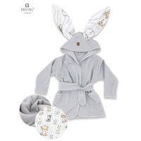 Halat de baie, MimiNu, Cu urechi, 2 - 5 ani, Moale, Cu buzunare, Cu cordon, Din bumbac si thermo fleece, Materiale certificate Oeko Tex Standard 100, Safari Natural