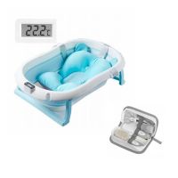 Set de ingrijire bebelusi, Cadita pliabila Primabobo, Genua, Cu termometru, dop si suport anatomic, 80x50x22 cm, Set manichiura Akuku, Cu forfecuta, unghiera, pila de unghii, perie de par, pieptene si aspirator nazal, Albastru