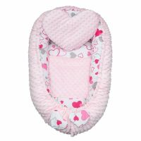 Set 3 piese, New Baby, Luxury, Baby Nest cu doua fete, Cu paturica si pernuta in forma de inima, Minky Hearts Pink