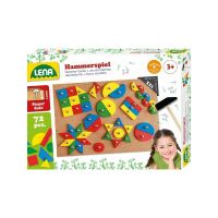 Set forme cu ciocan si cuie Lena, pentru copii, 72 piese din lemn, 9 forme imprimate si accesorii