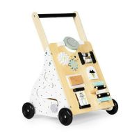 Antemergator din lemn pentru copii, panou educativ cu elemente mobile, roti de cauciuc, Ecotoys, TL01035