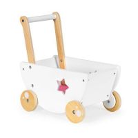 Carucior pentru papusi, din lemn, antemergator, impingator pentru bebe, Ecotoys, 2150N [2963], lenjerie roz inclusa, Alb