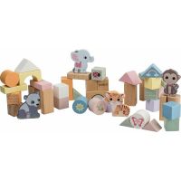 Set cuburi pentru stivuire, Joueco, The Wildies Family, Din lemn certificat FSC, Include cutie depozitare, 50 piese, 12 luni+, Multicolor