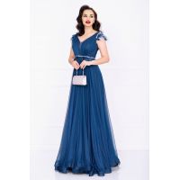 Rochie lunga de seara Petronela bleumarin decorata cu banda din fulgi