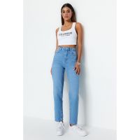 Blugi mom fit cu talie inalta