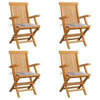 Scaune de gradina cu perne gri carouri, 4 buc., lemn masiv tec, multicolor