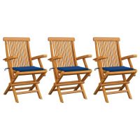 Scaune gradina cu perne albastru regal, 3 buc., lemn masiv tec, albastru