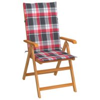 Scaune gradina cu perne, rosu model carouri, lemn masiv tec, multicolor