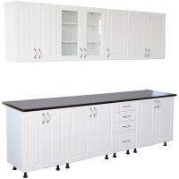 Bucatarie Zebra 2.6 metri Mdf Alb lucios cu blat termoizolant culoare stejar ciocolata