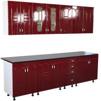 Bucatarie Zebra 2.6 metri Mdf Rosu, frezare tulip, cu blat termoizolant culoare stejar ciocolata