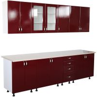 Bucatarie Zebra 2.6 metri Mdf Rosu simplu, cu blat termoizolant culoare marmura