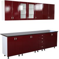 Bucatarie Zebra 2.6 metri Mdf Rosu simplu, cu blat termoizolant stejar ciocolata
