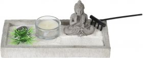 Decoratiune Buddha zen garden cu suport de lumanare, 19x10x8 cm, ciment, gri