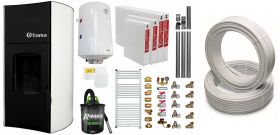 Pachet Termosemineu peleti Fiama Bianco 25 kw, complet echipat, teava hidronix, pompa circulatie, vas expansiune, kit evacuare 3.5 ml, Boiler Termoelectric, Termostat Salus , Aspirator, Calorifere si kit, Teava Multistrat