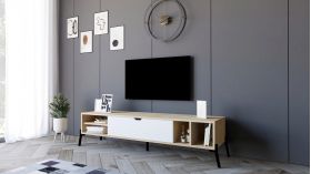 Comoda TV, Puqa Design, Ponza, 160x36x40 cm, PAL, Stejar Safir / Alb