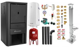 Pachet Cazan pe lemne, brichete si carbune Fornello Monza Black 27 kW, Cos inox, Kit evacuare interior, Boiler Termoelectric, Vas Expansune, Pompa si Fitinguri Montaj