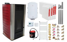 Pachet Termosemineu peleti Fornello Premium W22, 25 kw, Bordeaux, complet echipat, pompa circulatie, vas expansiune, automatizare, kit evacuare 3.5 ml, Boiler Termoelectric Fornello 100 l, Termostat Computherm Q3 RF, Aspirator, Calorifere si kit mon