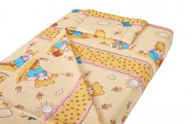 Lenjerie patut bebe, SomnART, cearceaf pat 60x120x10 cu elastic, cearceaf pilota 80x110, perna joasa 20x35, Honey