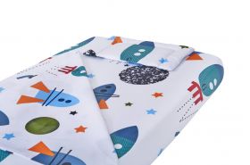 Lenjerie patut bebe, SomnART, cearceaf pat 60x120x10 cu elastic, cearceaf pilota 80x110, perna joasa 20x35, Rachete