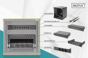 DIGITUS 10 inch network bundle, including 6U cabinet, black shelf, PDU, 8-port switch, CAT 6 patch panel (DN-10-SET-1-B)