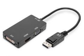 DIGITUS DisplayPort converter cable, DP - HDMI+DVI+VGA M-F/F/F, 0.2m, 3in1 Multi-Media cable, gold,bl (AK-340418-002-S)