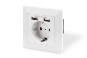 DIGITUS Safety Wall Outlet, 2x USB, USB output total: 5V 2.1A, Input: AC 250V 50Hz, RAL 9003 (DA-70613)