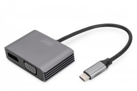 DIGITUS USB-C - DP + VGA Adapter, 20 cm 4K/30Hz, silver, aluminum housing (DA-70827)