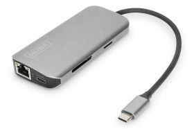 DIGITUS 8-Port USB-C Dock, 2xUSB3.0, 1xRJ45, 2xHDMI, 1xPD, 1xMicro SD, 1xSD, grey (DA-70884)