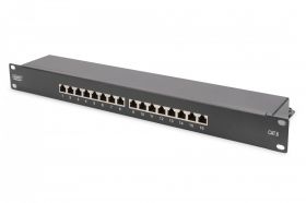 DIGITUS CAT 6, Class E patch panel, shielded, 16-port RJ45, 8P8C, LSA, 1U, rack mount, black, 482x44x109 (DN-91616S-B)