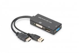 DIGITUS HDMI converter cable, HDMI - DP+DVI+VGA M-F/F/F, 0.2m, 3 in 1 Multi-Media, bl, gold (AK-330403-002-S)