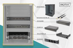 DIGITUS 10 inch network bundle, including 9U cabinet, black shelf, PDU, 8-port switch, CAT 6 patch panel (DN-10-SET-2-B)